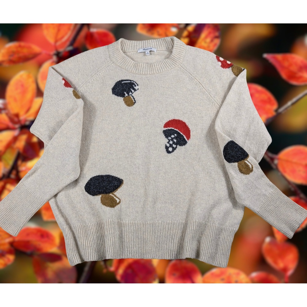 Madewell Sz M Mushroom Intarsia Wool Blend Pullover Sweater Oatmeal Women